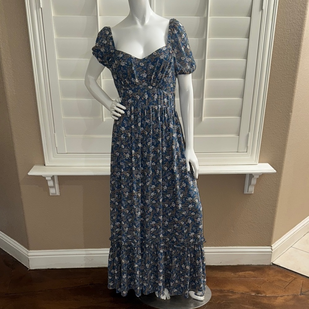 Lulus Feeling Fond Blue Floral Print Puff Sleeve Maxi Dress - Picture 1 of 12